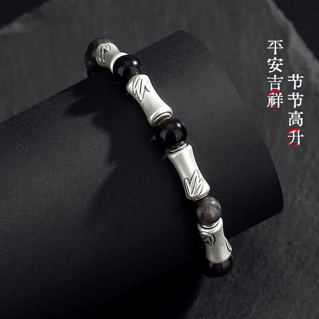 【学业事业上岸】 周纪福 新中式竹韵竹节小众祥浮雕祥云 招财转运文玩盘串#好运 黑曜石 手串 男款