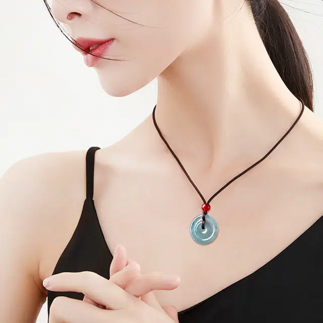 周纪福 好运天然翡翠蓝水平安扣子母扣 糯冰 项链 女款