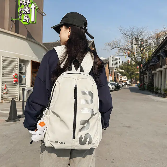 雅鹿 简约百搭旅行背包日系运动大学高中百搭 尼龙 双肩包 男女同款情侣款 米白色/黑色