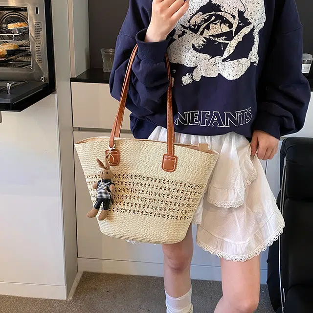 雅鹿 编制通勤条纹百搭时尚 草编 菜篮子单肩包 女款 米白色/卡其色/粉色