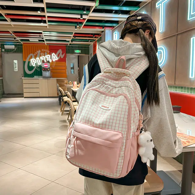 雅鹿 百搭格子学院风大容量防水多层 尼龙 双肩包 男女同款情侣款 绿色/咖啡色/红色/粉色/黑色