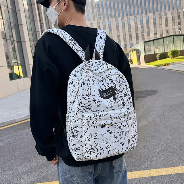 雅鹿 美式潮流水纹涂鸦小众设计通勤 尼龙布 双肩包 男女同款情侣款 蓝色/红色/黑色/白色