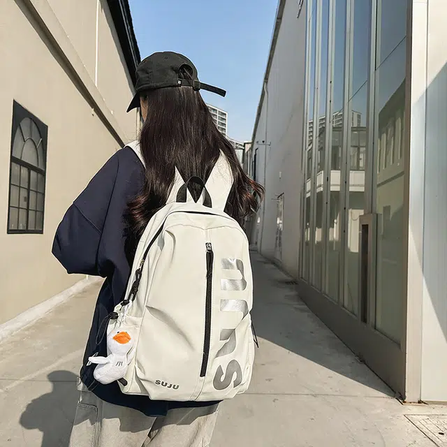 雅鹿 简约百搭旅行背包日系运动大学高中百搭 尼龙 双肩包 男女同款情侣款 米白色/黑色