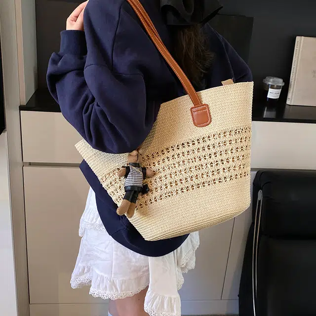雅鹿 编制通勤条纹百搭时尚 草编 菜篮子单肩包 女款 米白色/卡其色/粉色