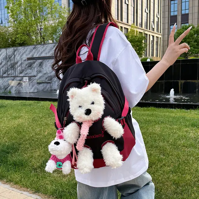 雅鹿 时尚简约可爱玩偶书包高颜值日系高中生大学生卡通上课大容量外出旅游 尼龙 背包双肩包 女款 黑色/黄色/粉色