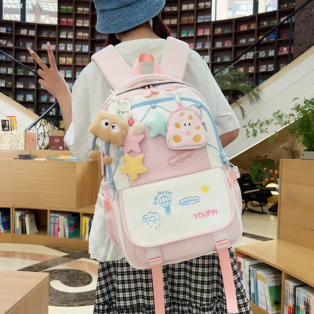 雅鹿 可爱少女小清新书包初中女生高中学生高颜值撞色旅行 尼龙 背包双肩包 男女同款情侣款 黑色/卡其色/浅绿色/奶黄色/浅粉色