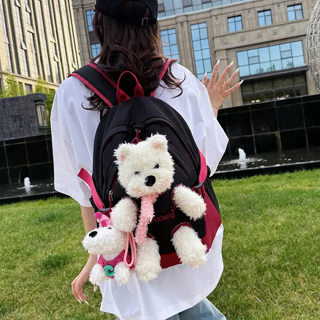雅鹿 时尚简约可爱玩偶书包高颜值日系高中生大学生卡通上课大容量外出旅游 尼龙 背包双肩包 女款 黑色/黄色/粉色