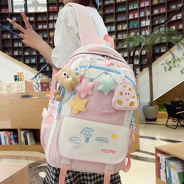 雅鹿 可爱少女小清新书包初中女生高中学生高颜值撞色旅行 尼龙 背包双肩包 男女同款情侣款 黑色/卡其色/浅绿色/奶黄色/浅粉色
