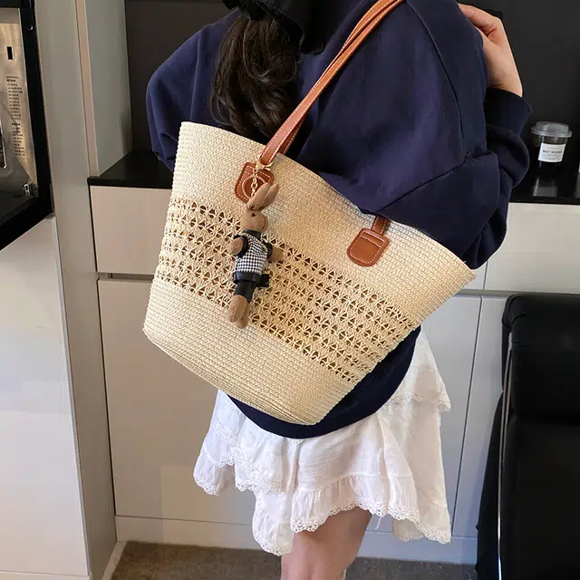 雅鹿 编制通勤条纹百搭时尚 草编 菜篮子单肩包 女款 米白色/卡其色/粉色