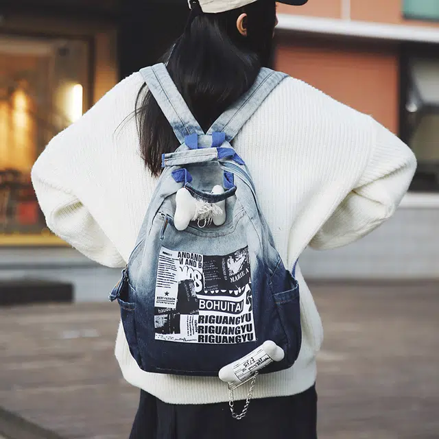 雅鹿 复古牛仔布韩系小众慵懒风通勤 尼龙 双肩包 男女同款情侣款 黑色/蓝色