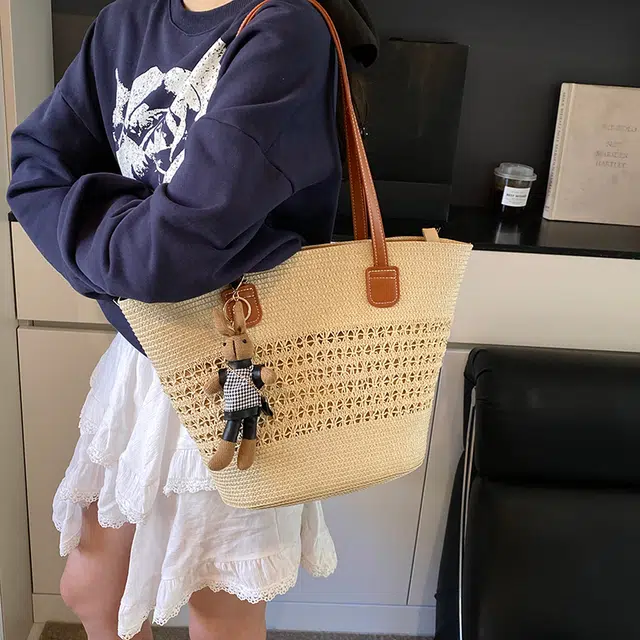 雅鹿 编制通勤条纹百搭时尚 草编 菜篮子单肩包 女款 米白色/卡其色/粉色