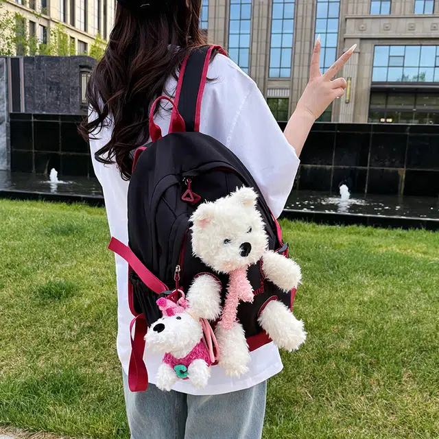 雅鹿 时尚简约可爱玩偶书包高颜值日系高中生大学生卡通上课大容量外出旅游 尼龙 背包双肩包 女款 黑色/黄色/粉色
