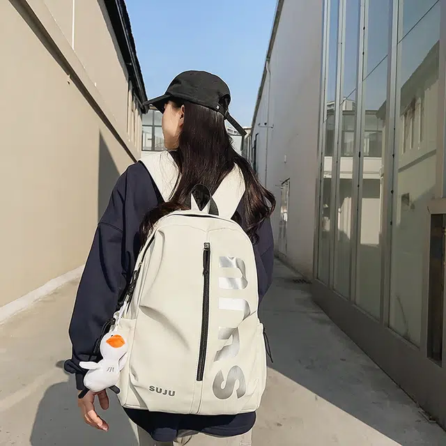 雅鹿 简约百搭旅行背包日系运动大学高中百搭 尼龙 双肩包 男女同款情侣款 米白色/黑色