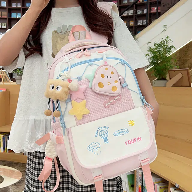 雅鹿 可爱少女小清新书包初中女生高中学生高颜值撞色旅行 尼龙 背包双肩包 男女同款情侣款 黑色/卡其色/浅绿色/奶黄色/浅粉色