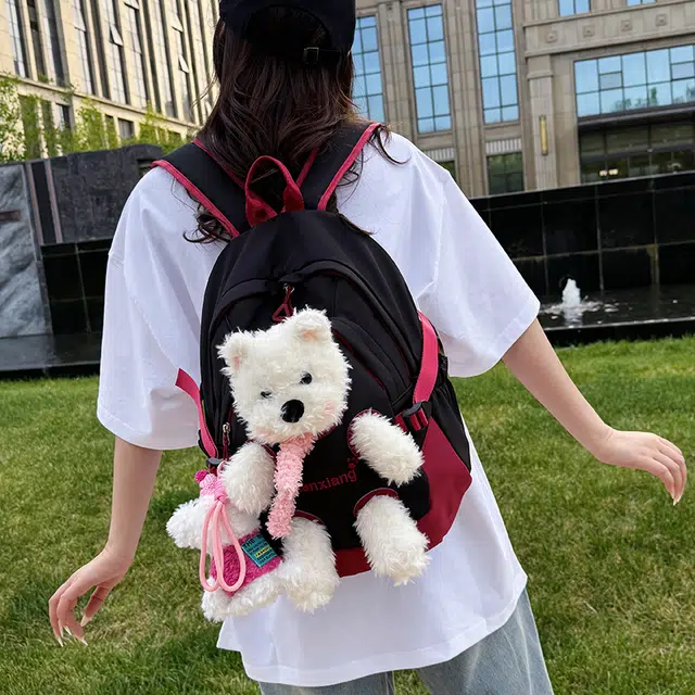 雅鹿 时尚简约可爱玩偶书包高颜值日系高中生大学生卡通上课大容量外出旅游 尼龙 背包双肩包 女款 黑色/黄色/粉色