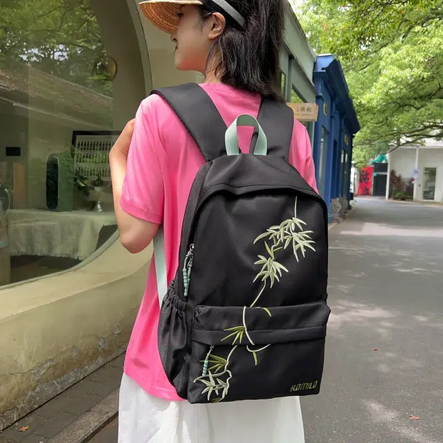雅鹿 新中式竹子刺绣书包国风复古高中学生大容量初中生森系 尼龙 双肩包背包 男女同款情侣款 白色/黑色/卡其色
