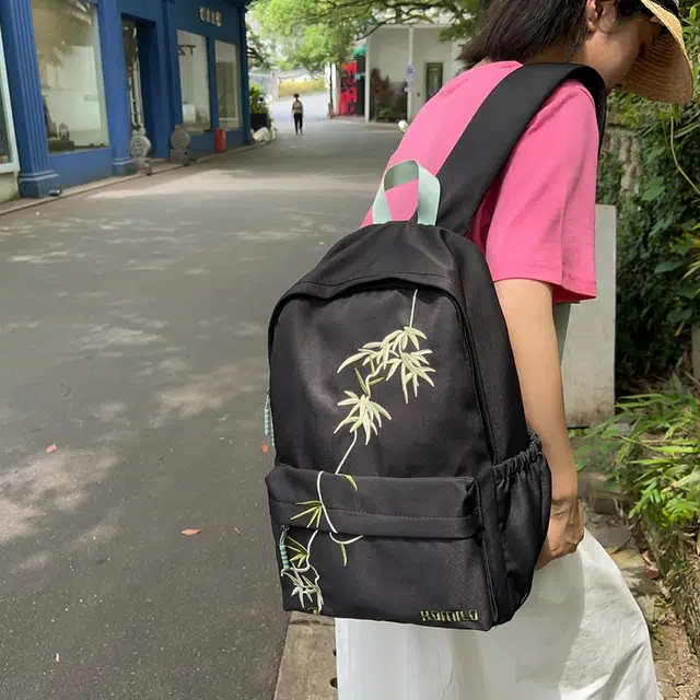 雅鹿 新中式竹子刺绣书包国风复古高中学生大容量初中生森系 尼龙 双肩包背包 男女同款情侣款 白色/黑色/卡其色