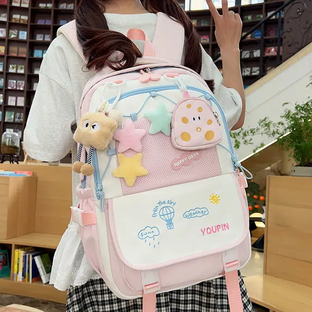 雅鹿 可爱少女小清新书包初中女生高中学生高颜值撞色旅行 尼龙 背包双肩包 男女同款情侣款 黑色/卡其色/浅绿色/奶黄色/浅粉色