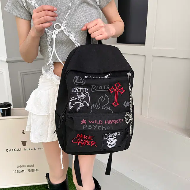 雅鹿 美式复古摇滚朋克书包外出休闲包学生上课通勤百搭女 尼龙布 双肩包 男女同款情侣款 红色黑色