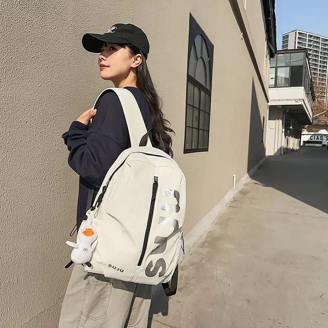 雅鹿 简约百搭旅行背包日系运动大学高中百搭 尼龙 双肩包 男女同款情侣款 米白色/黑色