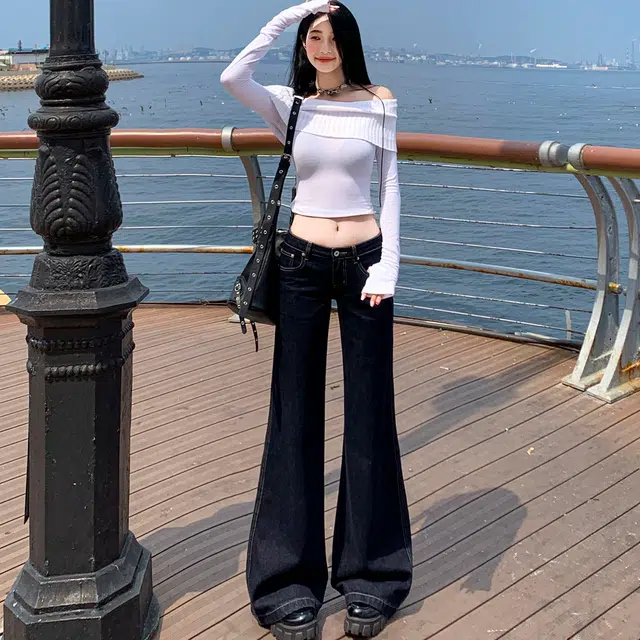 费尔岛上的猫 美式复古微喇低腰显瘦显高百搭拖地马蹄裤牛仔裤 女款 原牛色
