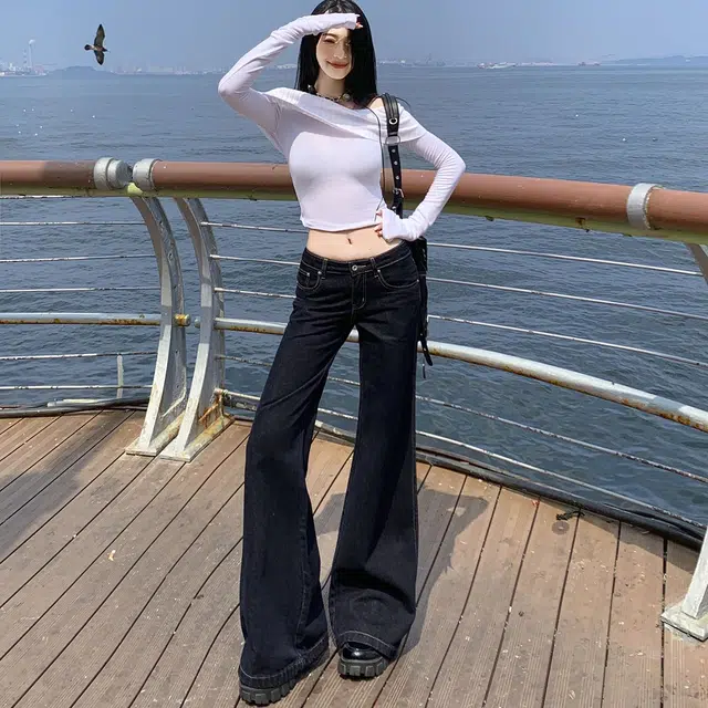 费尔岛上的猫 美式复古微喇低腰显瘦显高百搭拖地马蹄裤牛仔裤 女款 原牛色