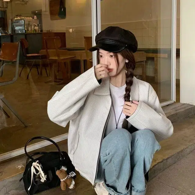 费尔岛上的猫 条纹翻领双面穿外套春秋季复古设计宽松休闲百搭上衣夹克 男女同款