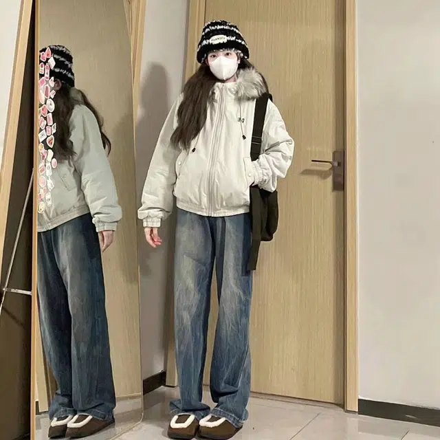 费尔岛上的猫 美式外套可拆卸毛领连帽夹棉加厚面包服棉服 男女同款