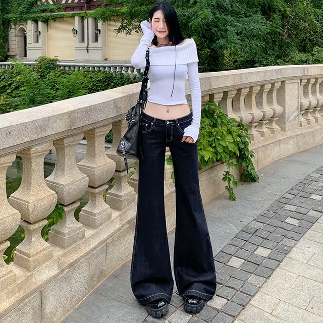 费尔岛上的猫 美式复古微喇低腰显瘦显高百搭拖地马蹄裤牛仔裤 女款 原牛色