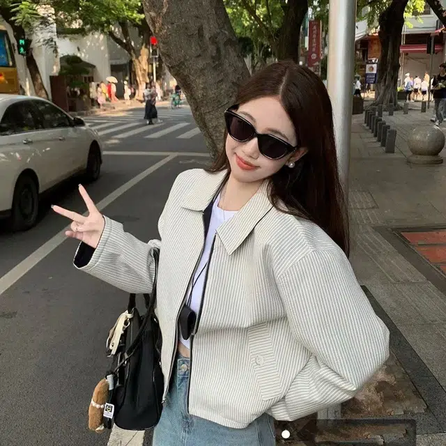 费尔岛上的猫 条纹翻领双面穿外套春秋季复古设计宽松休闲百搭上衣夹克 男女同款