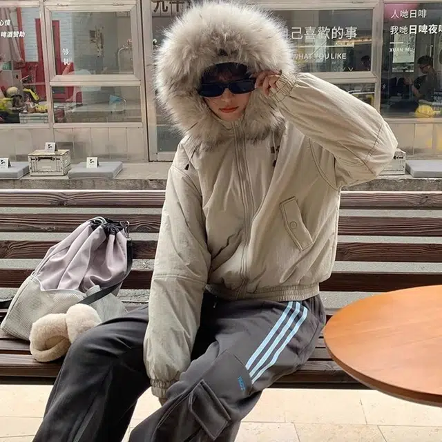 费尔岛上的猫 美式外套可拆卸毛领连帽夹棉加厚面包服棉服 男女同款