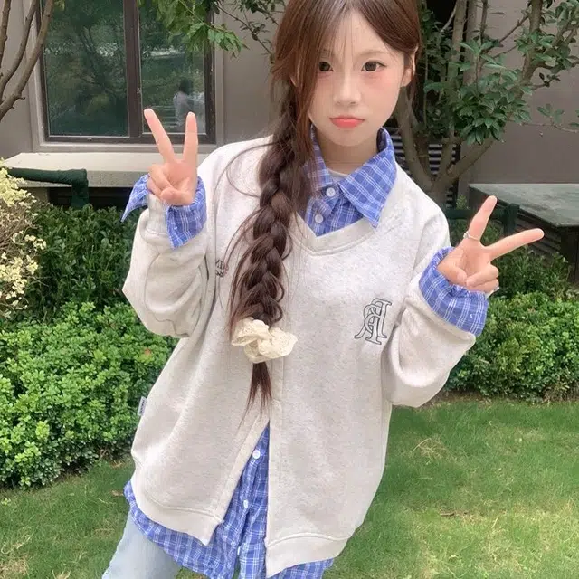 费尔岛上的猫 美式复古潮牌学院风格子拼接假两件翻领宽松卫衣 男女同款