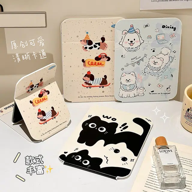 古迪 黑白猫猫折叠化妆镜小镜子女桌面可立学生宿舍高颜值便携可爱梳妆军训