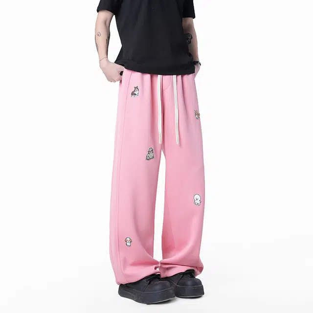 欧迪芬 趣味小狗刺绣卫裤垂感宽松阔腿休闲裤 男女同款