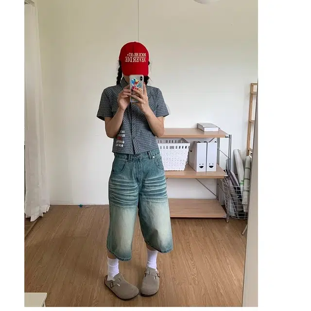 欧迪芬 韩版个性复古水洗做旧七分裤高腰宽松阔腿直筒牛仔短裤 女款