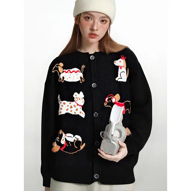 欧迪芬 卡通小狗美式复古刺绣动物常规青春活力风春秋季潮百搭情侣开衫外套毛衣 男女同款