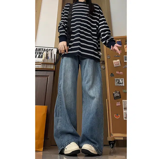 欧迪芬 阔腿裤女春秋款高腰宽松梨形身材显瘦垂感复古直筒拖地裤子牛仔裤 女款