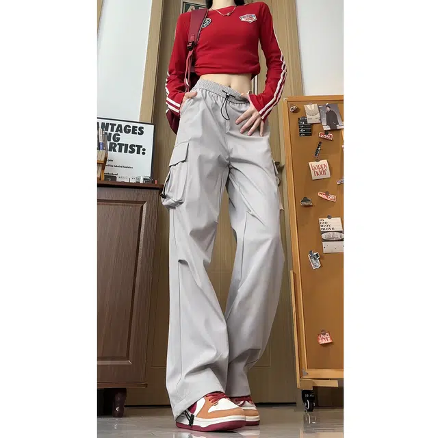 欧迪芬 情侣款直筒口袋松紧腰宽松阔腿休闲速干工装裤 男女同款