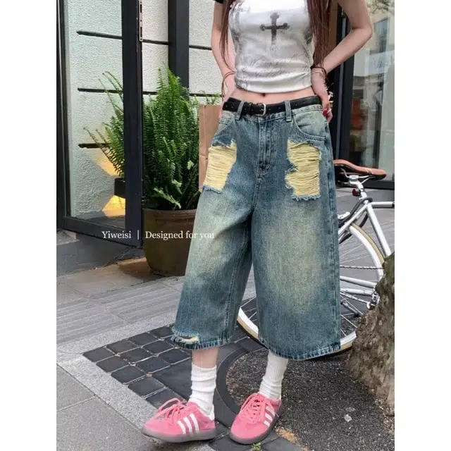欧迪芬 美式做旧女夏季高腰小个子直筒宽松显瘦七分牛仔裤 女款 复古蓝