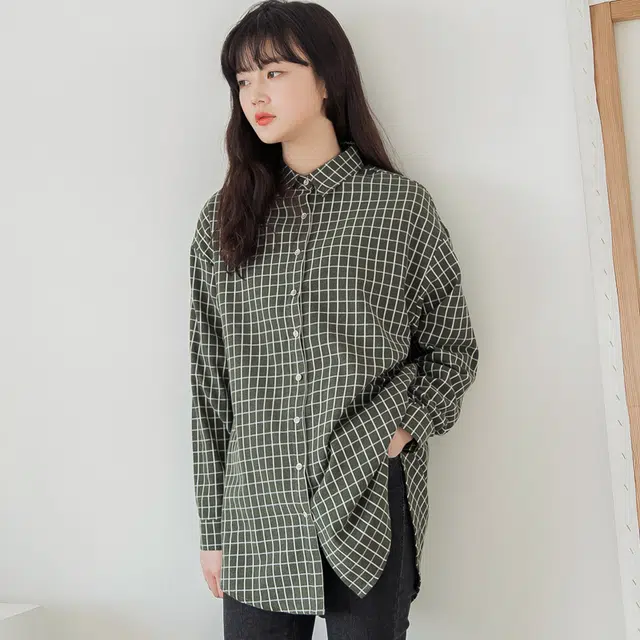 欧迪芬 大码女装春秋文艺复古条纹衬衣高级感翻领上衣宽松日常通勤上班出现面试纽扣格纹绿色轻薄舒适基础款长袖衬衫 女款