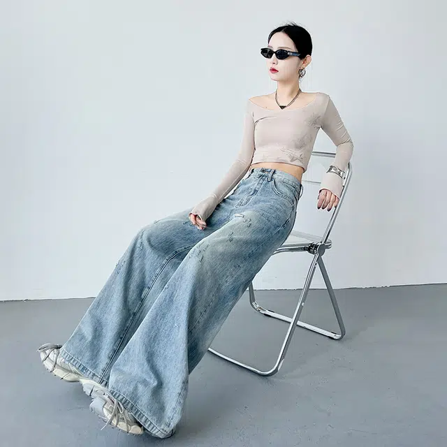 欧迪芬 美式复古阔腿裤高腰宽松长裤牛仔裤 女款 蓝色