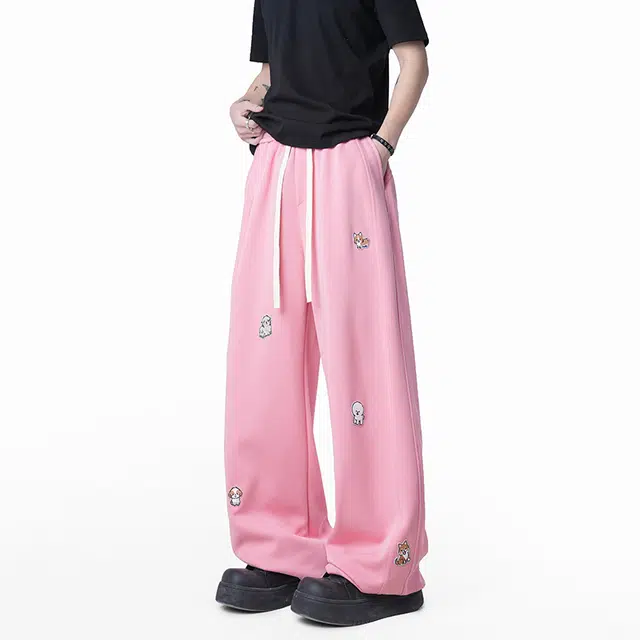 欧迪芬 趣味小狗刺绣卫裤垂感宽松阔腿休闲裤 男女同款