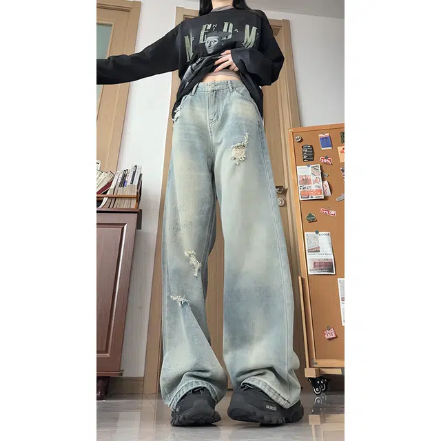 欧迪芬 美式复古破洞秋季小个子直筒宽松显瘦大码阔腿牛仔裤 男女同款