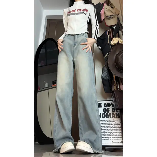 欧迪芬  小个子高腰窄版阔腿美式牛仔裤 男女同款