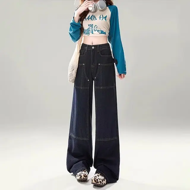 欧迪芬 百搭美式气质高腰立体针织个性质感宽松垂感拖地阔腿休闲牛仔裤 男女同款 深蓝