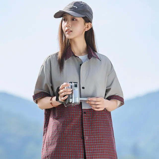 欧迪芬 美式拼接学院风潮牌宽松百搭短袖衬衫 女款