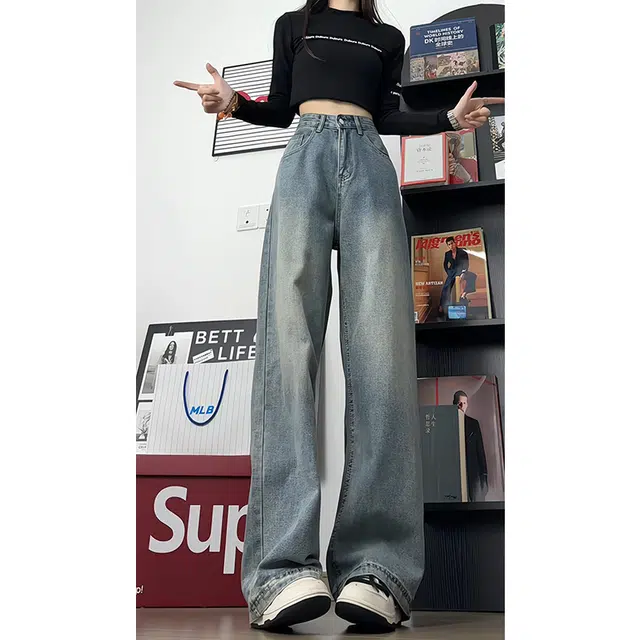 欧迪芬 垂感宽松阔腿裤女秋季水洗做旧裤高腰百搭直筒拖地裤牛仔裤 女款