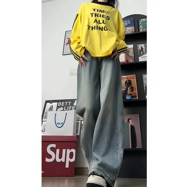 欧迪芬 垂感宽松阔腿裤女秋季水洗做旧裤高腰百搭直筒拖地裤牛仔裤 女款