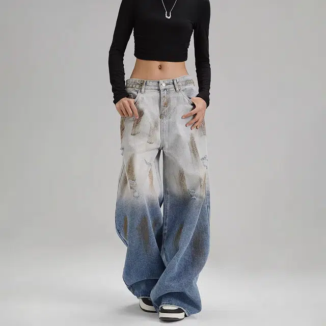 欧迪芬 美式复古宽松简约高腰垂感渐变阔腿裤牛仔裤 男女同款 浅蓝