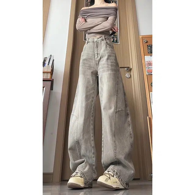 欧迪芬 水洗直筒裤女秋季美式高质量猫须褶皱宽松休闲长裤牛仔裤 女款